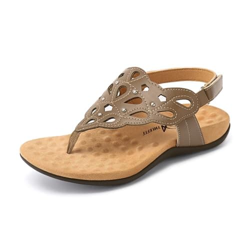 Athlefit Orthopedic Sandals for Women Summer Arch Support Thong Sandals Comfortable Dressy Taupe Leather Flat Sandals Size 8.5 - Image 1