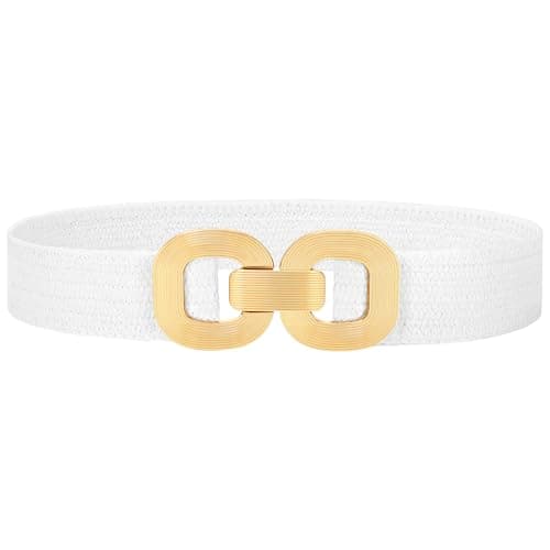 WHIPPY Straw Woven Elastic Belt for Women Boho Stretch Waistband with Gold Buckle Braid Belts for Dress, White, L - Image 1