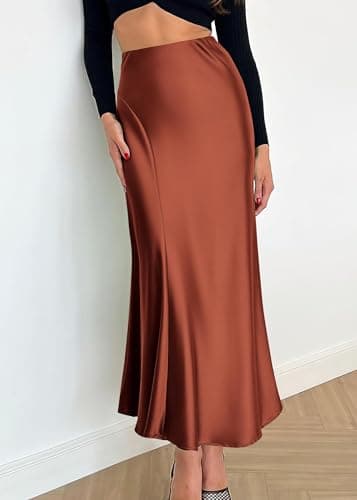 KIRUNDO Women Spring Summer Satin Maxi Skirt 2026 Trendy High Waisted Wedding Cocktail Party Work Silk A-Line Formal Skirts(Brown, Small) - Thumbnail 3
