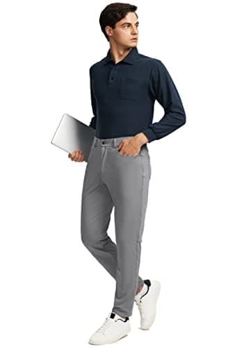 Men's Stretch Golf Pants with 6 Pockets Slim Fit Dress Pants for Men Travel Casual Work (Light Grey, L) - Thumbnail 6
