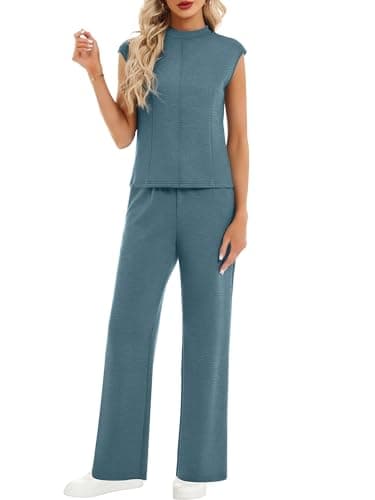 Casly Lamiit 2 Piece Sets for Women Summer Travel Outfits Casual Wide Leg Pants Short Sleeve Airport Lounge Sets Spring Clothes Storm Blue M - Thumbnail 4