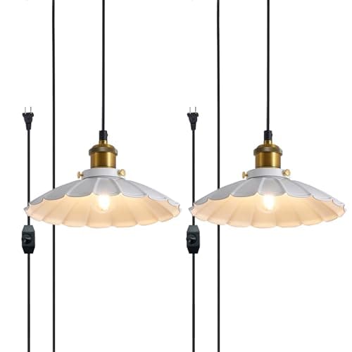 Oyisen Plug in Pendant Light Industrial 9.8 Inch White Lampshade Kitchen Island On/Off Switch Hanging Lamp Plug in Adjustable 14Ft Cord Hanging Lights for Bedroom and Living Room 2Pack
