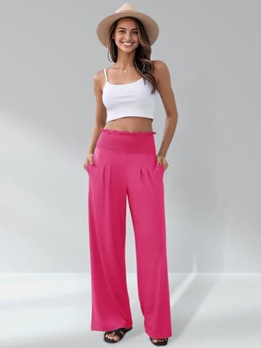 GEMLON Womens Wide Leg Pants High Waisted Palazzo Pants Summer Flowy Lounge Trousers Pants with Pockets Rosy Red 2XL - Thumbnail 5