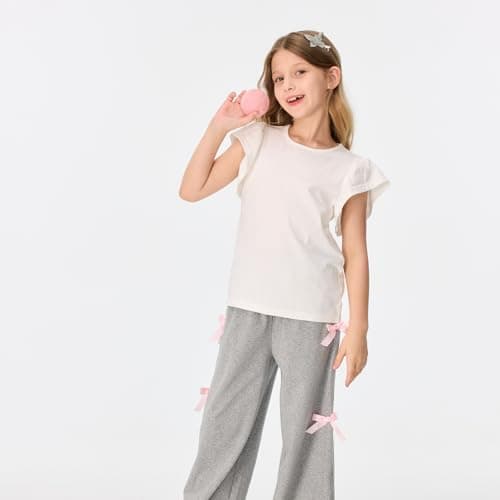 MIANZHI Girls Summer Shirts Kids Striped Ruffle Sleeve T Shirts Crew Neck Casual Tops Cute Short Sleeve Tees 5-14 Years Beige - Thumbnail 6