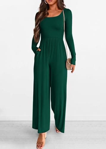 KIRUNDO Long Sleeve Jumpsuit for Women 2026 Spring Outfits Summer One Piece Square Neck Wide Leg Pants Romper With Pockets(Dark Green, Large) - Thumbnail 4