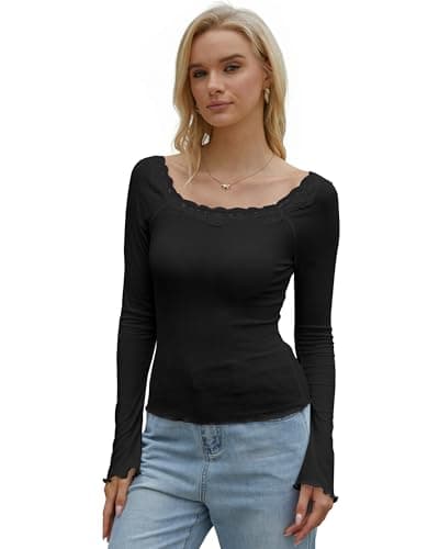 Homepeaz Long Sleeve Top for Women Bell Sleeve Backless Wide Boat Neck Cropped Tops Going Out Tops Y2K Micro Ribbed Lace Trim Black - Image 1