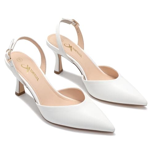 Athlefit Closed Pointed Toe Kitten Heels for Women Dress Work Wedding Party Slingback Stiletto Pumps Shoes White, Size 8.5, SAPU2606W - Thumbnail 6