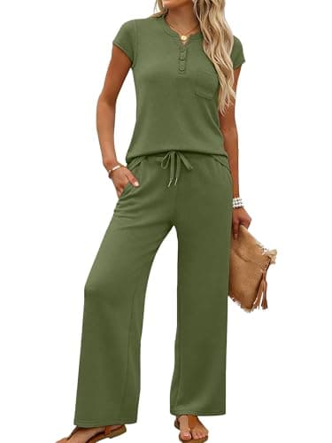 Casly Lamiit 2 Piece Sets for Women Summer Beach Vacation Outfits Travel Set V Neck Tops Cropped Pant Sets Loungewear Army Green S - Image 1