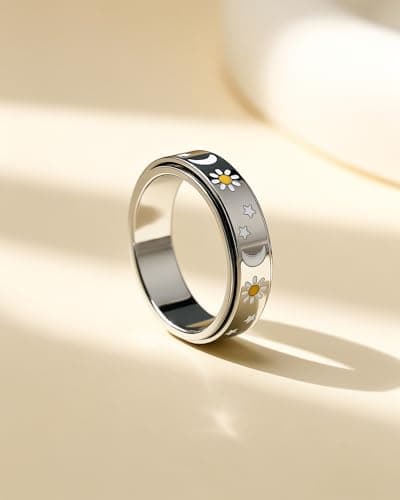 Fidget Toys Adults Ring for Women - Anxiety Stress Relief Items Quiet Spinner Gift for Birthday Sun Moon Star Rotating Jewelry Stainless Steel Silver Size 7 - Thumbnail 5