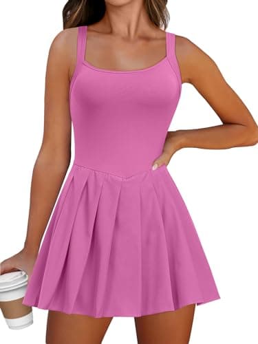 ANRABESS Women's Tennis Athletic Pleated Summer Mini Dress 2026 Golf Workout Build in Shorts Casual Romper Short Sundress Pink Small - Image 1