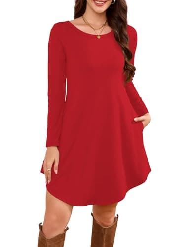 DEARCASE Women's Long Sleeve T Shirt Dress Red X-Large Crewneck Knee Length Loose Casual Flowy Swing Tunic Dresses with Pockets - Image 1