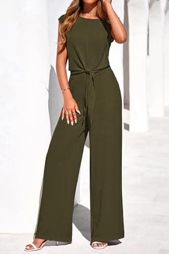 PRETTYGARDEN Women 2 Piece Lounge Sets 2026 Casual Summer Outfits Cap Sleeve Strappy Crop Tops Wide Leg Pant Tracksuit(Army Green,XX-Large) - Thumbnail 2