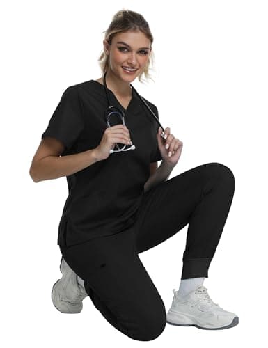 Scrubs for Women, Soft V-Neck Scrub Tops, Stretch and Wrinkle-Free Fabric with 2 Pockets, Breathable & Easy Care Black - Thumbnail 6