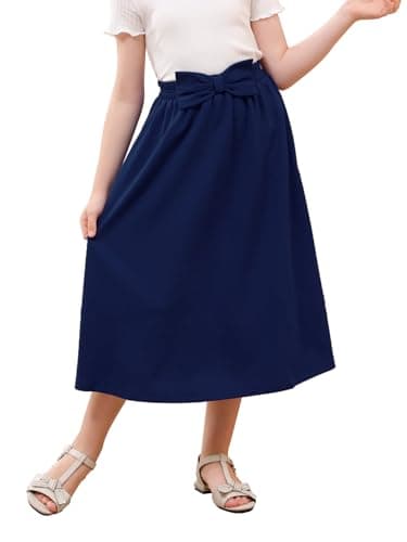 GORLYA Girls A-Line Bow Knot Elastic High Waist Swing Maxi Skirt with Pockets for 4-14T (GOR1162,8Y,Navy) - Image 1