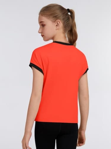 ZDC Girls Athletic Shirts Kids Summer Short Sleeve Workout T Shirt Quick Dry Tops Color Block Gym Yoga Tee Bright Orange - Thumbnail 2