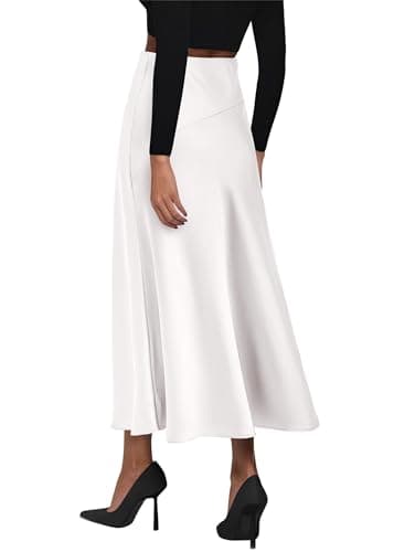 KIRUNDO Women Spring Summer Satin Maxi Skirt 2026 Trendy High Waisted Wedding Cocktail Party Work Silk A-Line Formal Skirts(X-Large, White) - Thumbnail 2