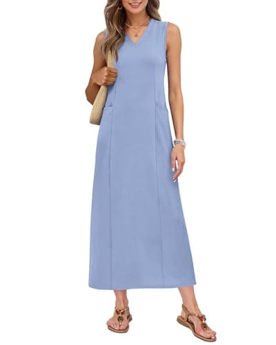 MISFAY Women Maxi Dresses 2026 Summer Casual Sleeveless Sundress V Neck Tank Flowy Beach Dress with Pockets(Sky Blue,L) - Image 1