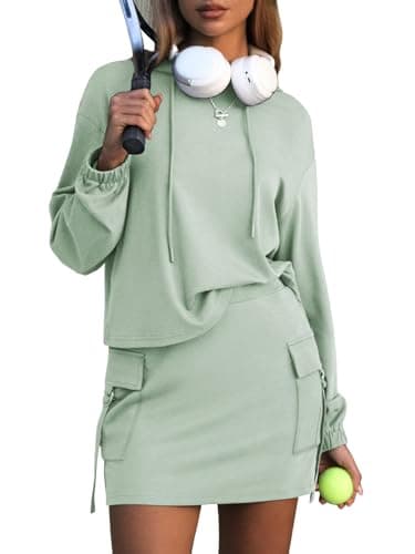 EXLURA Women Two Piece Set Cotton Sweatsuit Travel Airport Outfits 2026 Tracksuit Hooded Sweatshirt Cargo Skort Skirt Pockets - Image 1