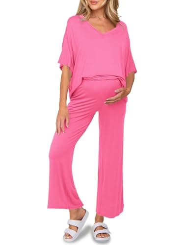 Tankaneo Womens Maternity Pajamas 2 Piece Lounge Set Soft Short Sleeve V Neck T-shirt Cropped Pants Pregnancy Loungewear, Pink, Medium - Image 1