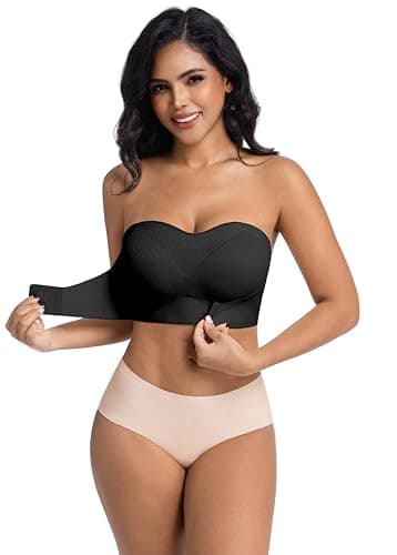 ONLYSTORY Womens Front Closure Strapless Non-Slip Padded Bandeau Bra Tube Top Invisible Wireless Bralette Black - Thumbnail 2