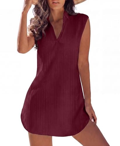 JINKESI Women Swimsuit Cover Up Shirt Sleeveless Beach Bathing Suit for Summer Swimwear Bikini Dress Wine Red Medium - Image 1