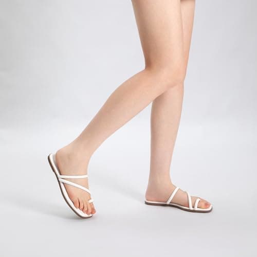 Rihero Womens White Slide Sandals Beach Square Toe Thong Flat Sandals Slip On Comfortable Dressy Summer Strappy Flip Flops Size 9.5 - Thumbnail 2