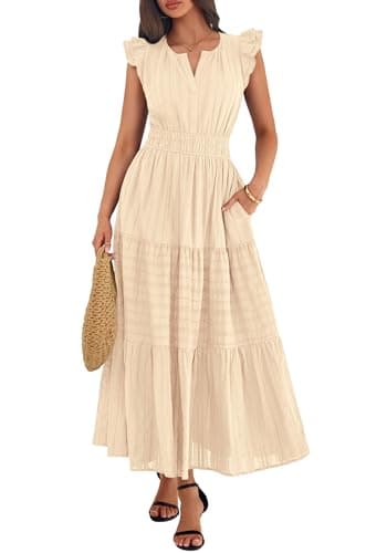 BTFBM Womens Summer Maxi Dress 2026 Spring Boho Vacation Ruffle Flutter Short Sleeve A Line Tiered Flowy Dresses Pockets(Apricot, Small) - Thumbnail 2