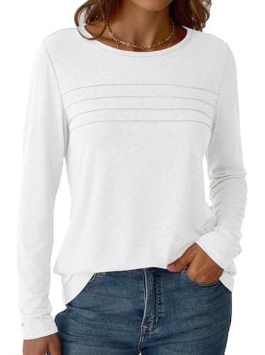 NORACORA Long Sleeve Shirts for Women Pleated Dressy Crew Neck Casual Business Blouses Trendy Fashion Tunic Basic Tops White S - Thumbnail 3