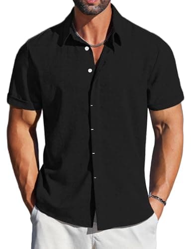 LETSEE Linen Shirts Mens Button Down Short Sleeve Shirt for Summer Business Casual, Beach & Wedding Guest Black - Image 1