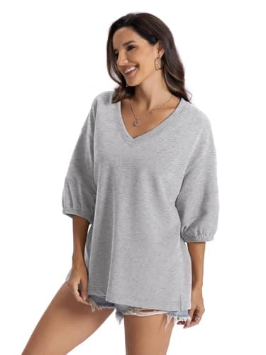 EasyGala Womens Cotton V Neck Sweatshirt 3/4 Sleeve Slouchy Fit Going Out Tops Trendy Side Slit Work Shirt Casual Fall Lightweight Outfits Y2K Winter Clothes 2025 Grey Large - Thumbnail 5
