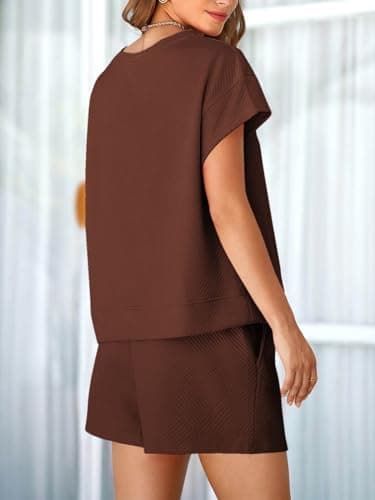 Tankaneo Womens Loungewear Set Short Sleeve Tops and Shorts 2 Piece Outfits Matching Lounge Pajama Set with Pockets Coffee - Thumbnail 2