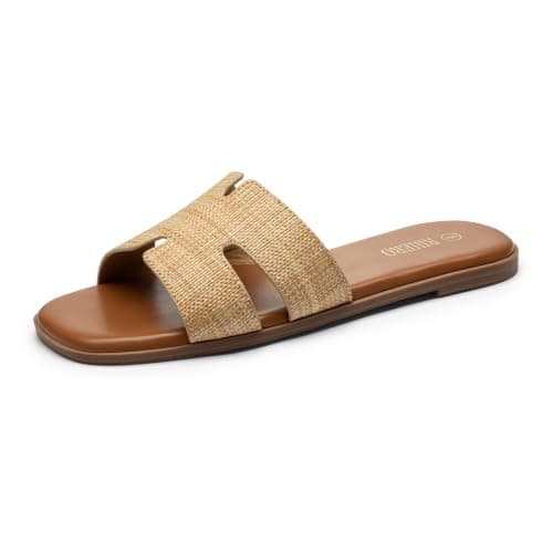 Rihero Raffia Flat Sandals for Women Dressy Brown Square Open Toe Slides Comfortable Slip On Beach Casual Slide Sandals Size 8.5 - Image 1