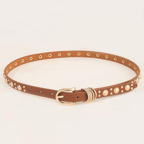 EONTISO Women Studded Leather Belt for Jeans, Punk Fashion Gold Rivets, Skinny Gold Brown L - Thumbnail 3