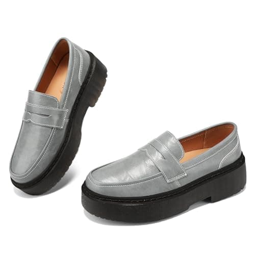 BEAUSEEN Women's Platform Chunky Penny Loafers Comfortable Lug Sole Slip-On Business Work Casual Dressy Shoes Grey, 8 US - Image 1