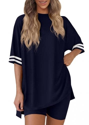 KIRUNDO Women's 2 Piece Lounge Set Airport Travel Outfit 2026 Summer Oversized Shirts Matching Biker Shorts Fashion Clothing(Navy Blue, Medium) - Image 1