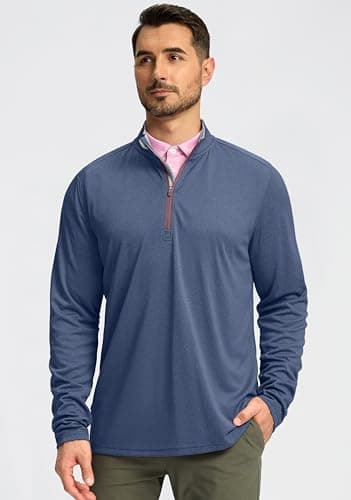 Obla Golf Quarter Zip Pullover for Men Mock Neck Sweatshirt Lightweight Sun Protection Men's Long Sleeve Golf Shirt (Deep Blue Melange_L) - Thumbnail 2