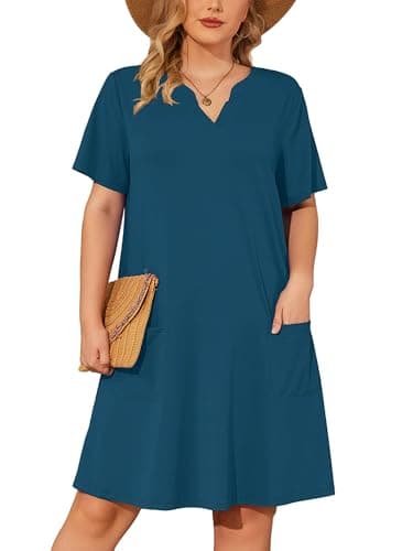 AusLook Plus Size Summer Indigo Blue Dress for Women V Neck Short Sleeve Loose Fit Casual Knee Length 5X Sundress with Pockets - Image 1