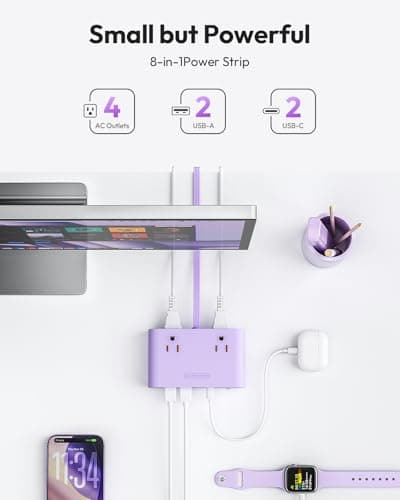 NTONPOWER Flat Plug Power Strip, Desktop Charging Station with 25W USB C Ports, Purple Extension Cord with 4 AC Outlets, 5ft Flat Extension Cord for Home Office, Dorm Room Essentials - Thumbnail 2