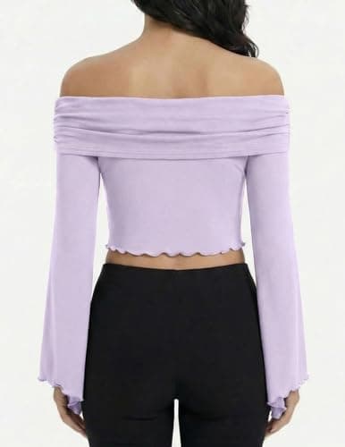 ZAFUL Womens Cute Tops Off Shoulder Blouse Long Sleeve Ribbed Knit Y2K Clothes Casual Fitted Date Night Outfit Shirt Purple L - Thumbnail 5