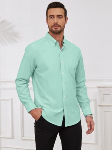 GIANZEN Grade 3.5 Wrinkle-Resistant Men's Light Blue Green Lightweight Oxford Dress Shirts Long Sleeve Casual Pocket Shirt Light Blue Green Size XXL - Thumbnail 2