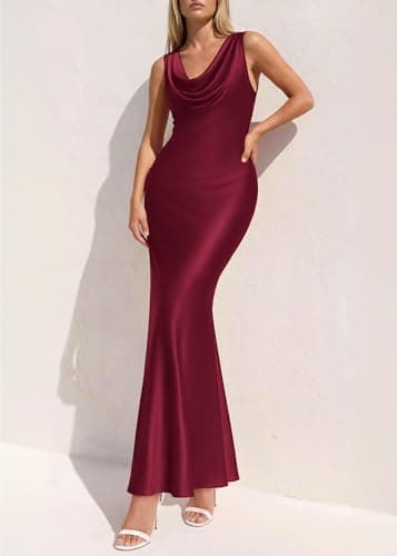 KIRUNDO Womens Summer Cowl Neck Sleeveless Satin Maxi Dress Elegant Bodycon Cocktail Wedding Guest Party Long Dresses(Burgundy, Large) - Thumbnail 3