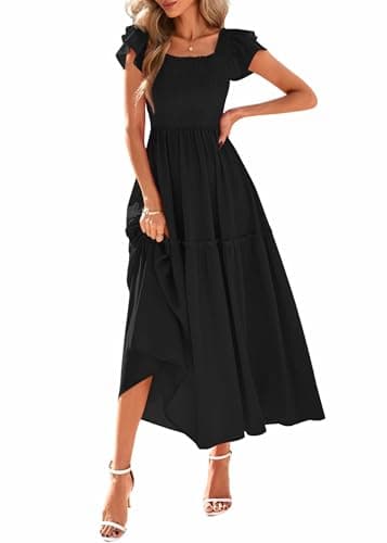 KIRUNDO Smocked Summer Dresses for Women 2026 Wedding Guest Midi Flowy Ruffle Short Sleeve Square Neck Tiered Sundress(Black, Large) - Image 1