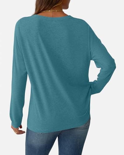 GKBK Long Sleeve Shirts for Women Crew Neck Basic Tops Casual Loose Fitted Fall Clothes 2025 Cyan L - Thumbnail 4