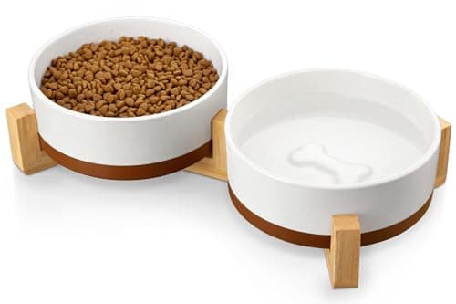MALACASA Ceramic Dog Bowls Set with Wood Stand, 3.5 Cups Pet Bowls for Medium Dogs with Non-Slip Base, Large Puppies, Cats, Retrievers, ect.Pet Food & Water Basic Bowls Set, Weighted Glaze Matte.34 OZ - Image 1
