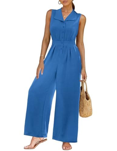 LOOKBOHO Women Elegant Jumpsuit Dressy V Neck Sleeveless Wide Leg Pants Business Casual Outfit One Piece Romper(BL,M) - Image 1