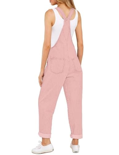 Vetinee Women's Pink Adjustable Straps Pockets Boyfriend Denim Bib Overalls Jeans Pants Large Size 12 Size 14 - Thumbnail 2