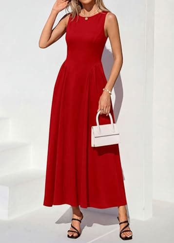 KIRUNDO Wedding Guest Dresses for Women 2026 Summer Semi Formal Work Sleeveless Elegant Boat Neck Flowy A Line Maxi Dress(Red, Large) - Thumbnail 5