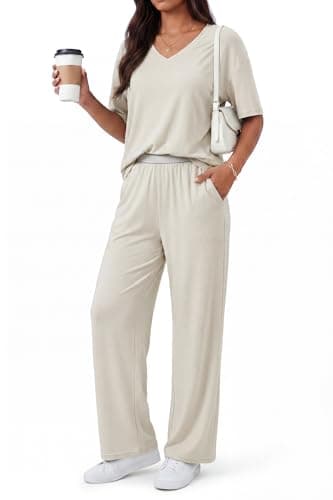 OUGES Women's Lyocell Cotton Lounge Sets Short Sleeve Tops and Long Pants Soft Pajama Set 2 Piece Outfits Casual Loungewear(Beige grey,S) - Image 1
