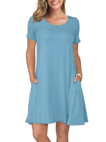 KORSIS Summer Dress for Women Casual Rackley Blue 2XL T-Shirt Short Sleeve Dresses Swing Flowy Beach Vacation Sundress with Pockets - Image 1