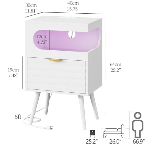 Veegle Nightstand with Charge Station,Modern Bedside Table with Storage Drawer and Open Wood Shelf, Accent Night Stand with Solid Wood Legs for Bedroom and Small Spaces (White) - Thumbnail 2